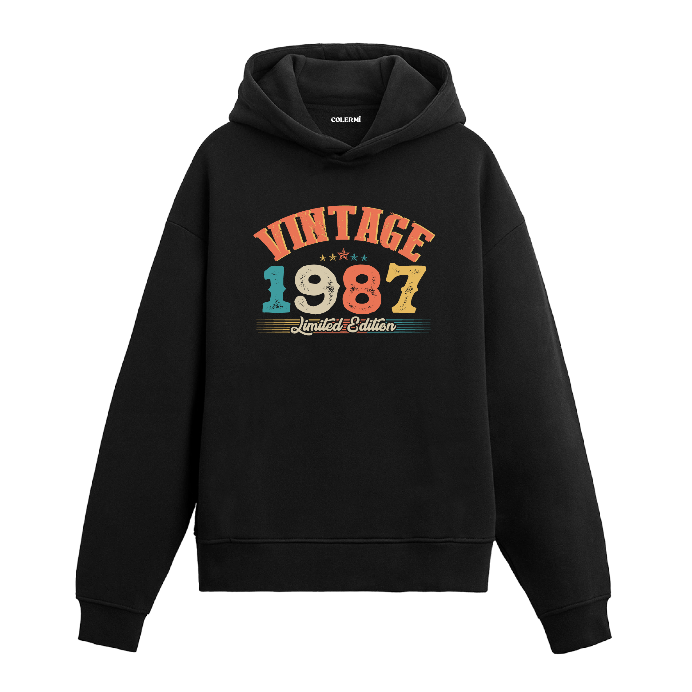 1987 yılına özel tasarlanmış siyah Vintage Hoodie Echo, retro yazı ve yıl baskılı modern hoodie modeli.