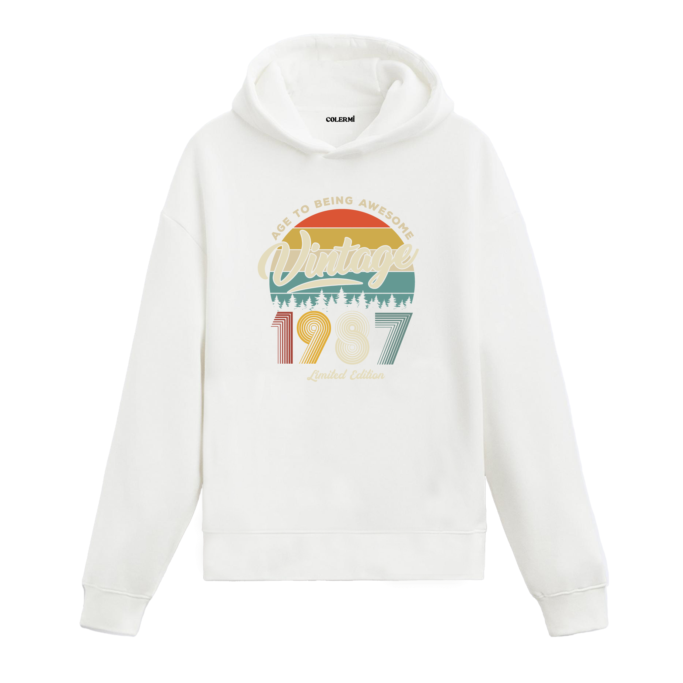 1987 Vintage Hoodie, retro baskılı beyaz pamuklu nostalji hoodie.