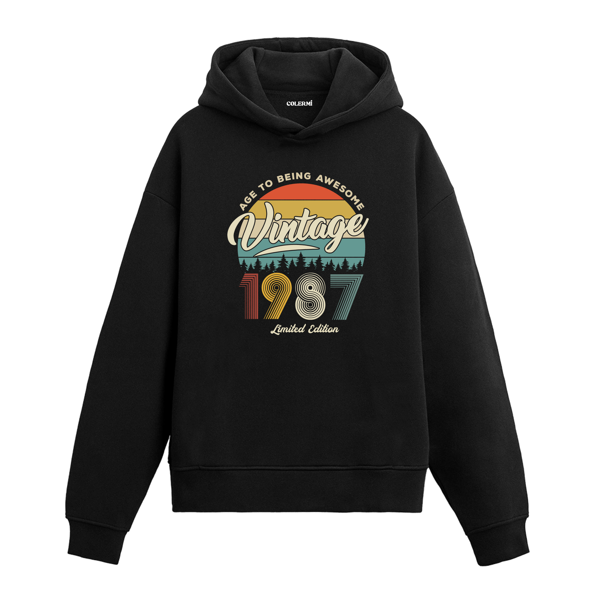 1987 Vintage Hoodie, retro baskılı siyah pamuklu nostalji hoodie.