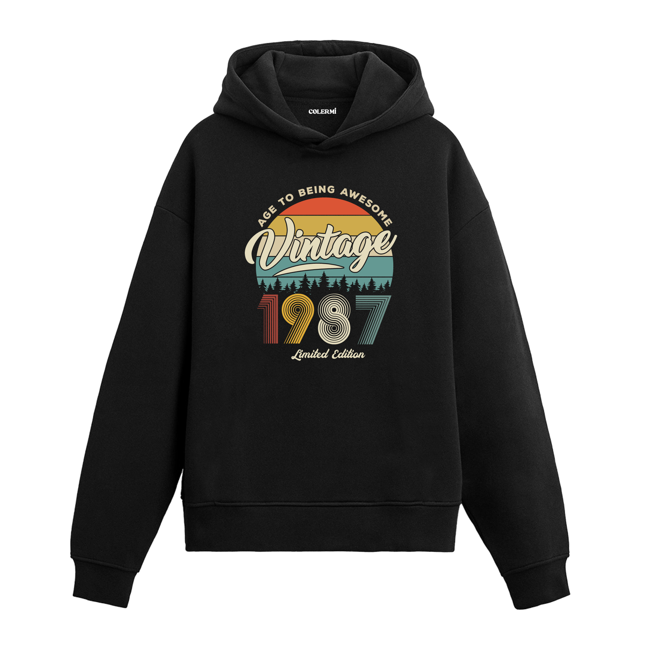 1987 Vintage Hoodie, retro baskılı siyah pamuklu nostalji hoodie.