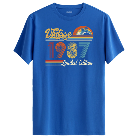 1987 Vintage mavi tişört, vintage tarzıyla şık bir doğum günü hediyesi alternatifi sunar.