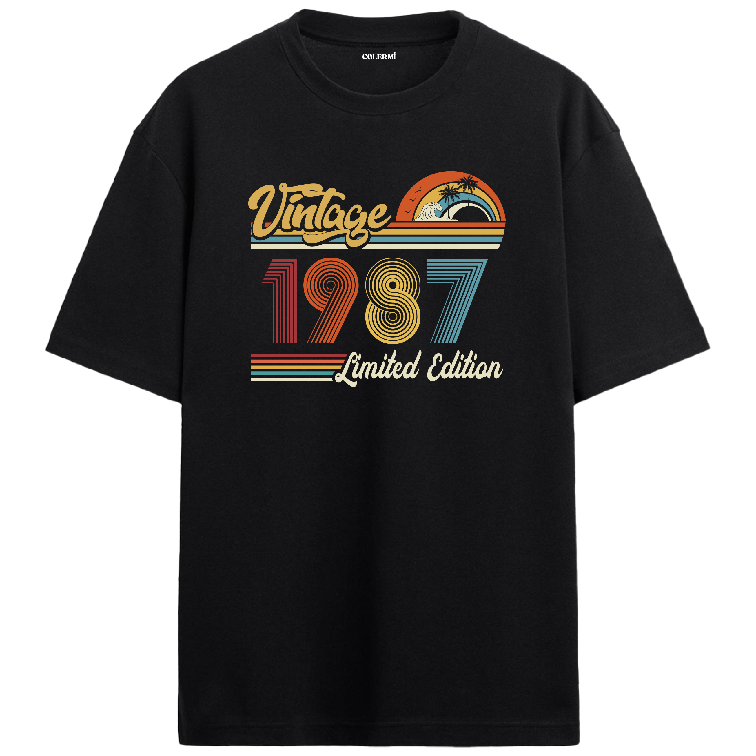 1987 Vintage siyah oversize tişört, retro baskısıyla nostaljik bir doğum günü hediyesi seçeneği sunar.