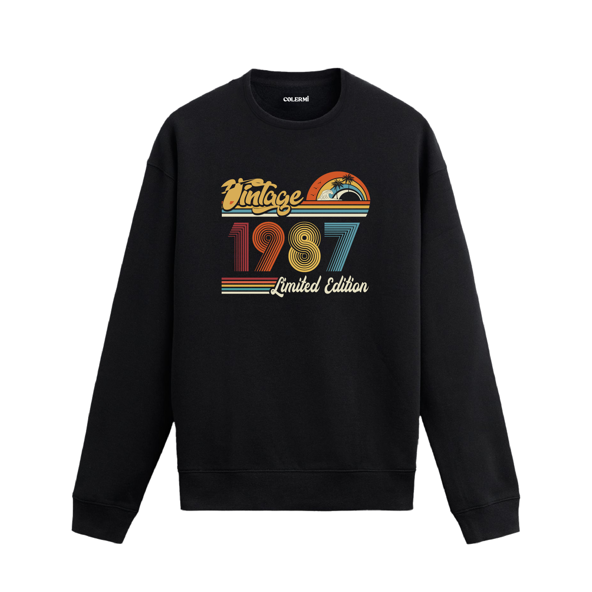 1987 Vintage sweatshirt, retro baskılı siyah sweatshirt
