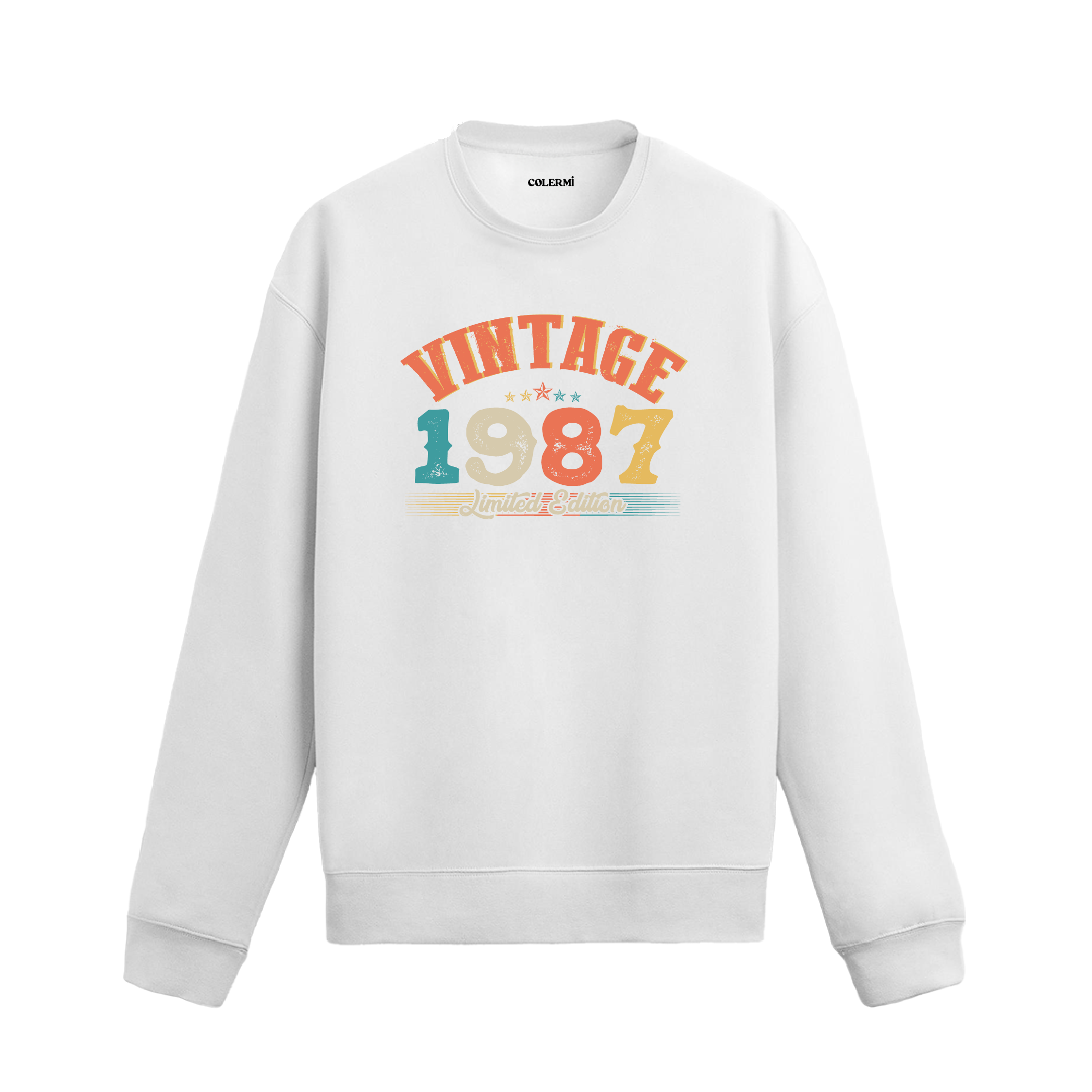 1987 yılına özel beyaz Vintage Sweatshirt Echo, retro tasarımlı yıl baskılı sweatshirt modeli.