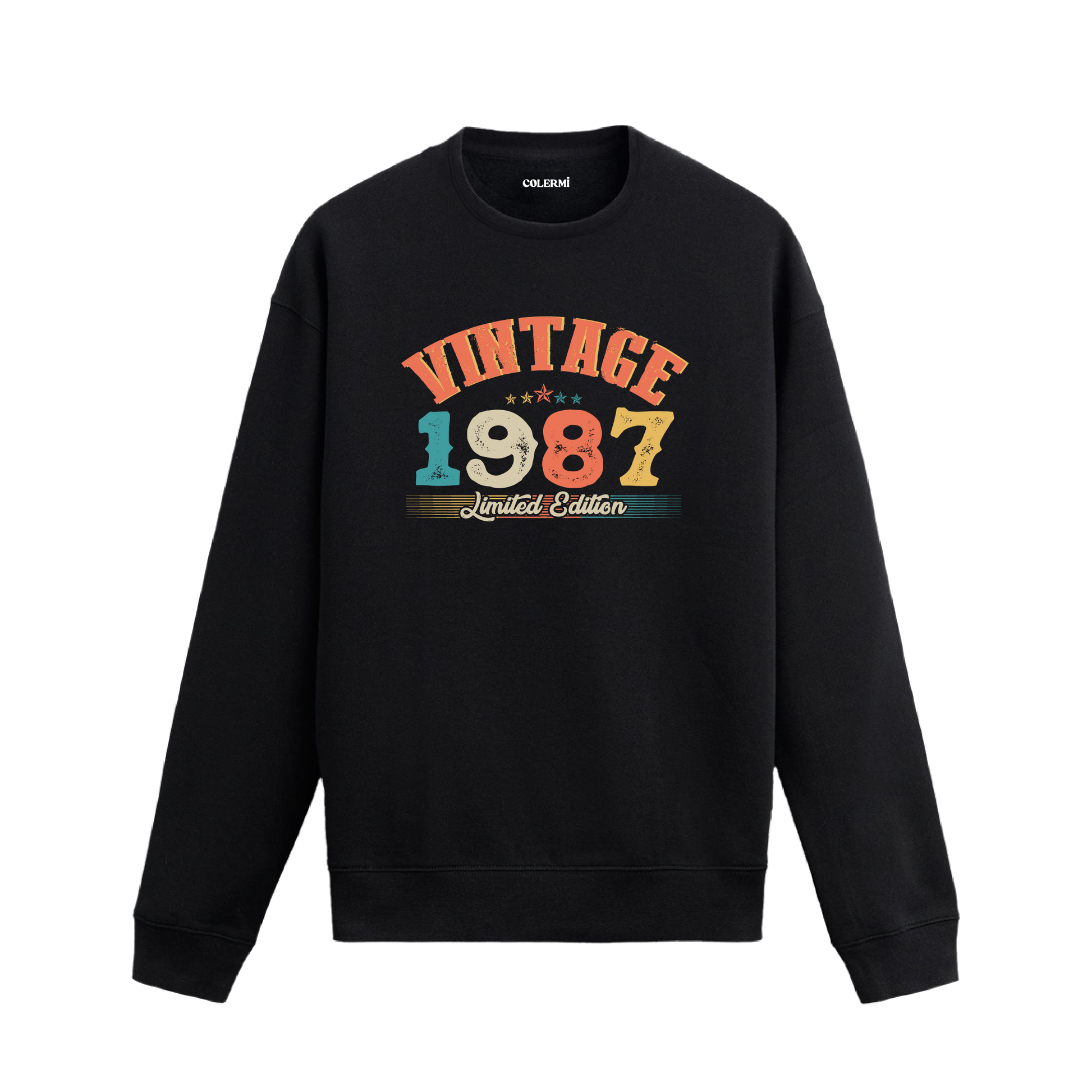 1987 yılına özel siyah Vintage Sweatshirt Echo, retro tasarımlı yıl baskılı sweatshirt modeli.