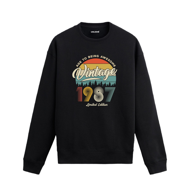 1987 yılı baskılı siyah retro vintage sweatshirt