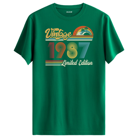 1987 Vintage yeşil tişört, nostaljik tasarımıyla farklı bir doğum günü hediyesi seçeneği sunar.