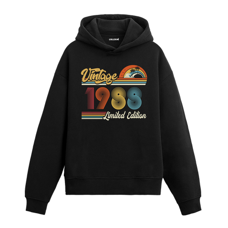 1988 doğum tarihli retro baskılı siyah vintage hoodie
