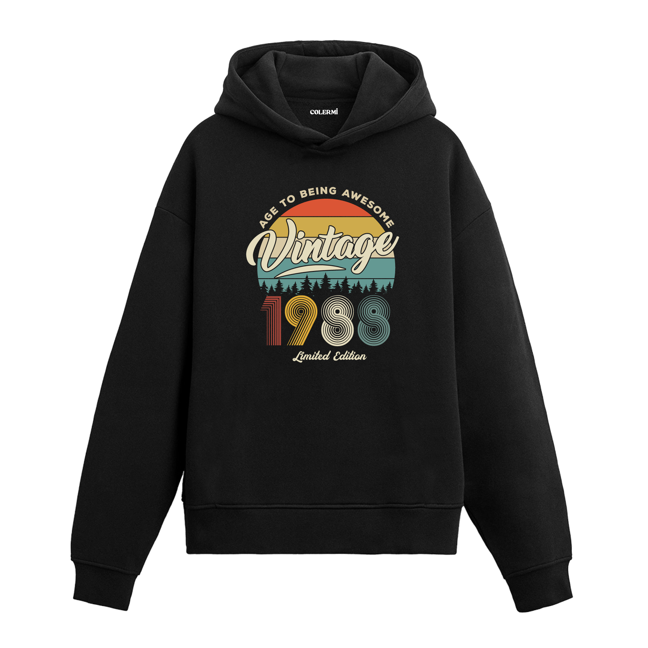 1988 Vintage Hoodie, retro baskılı siyah pamuklu nostalji hoodie.