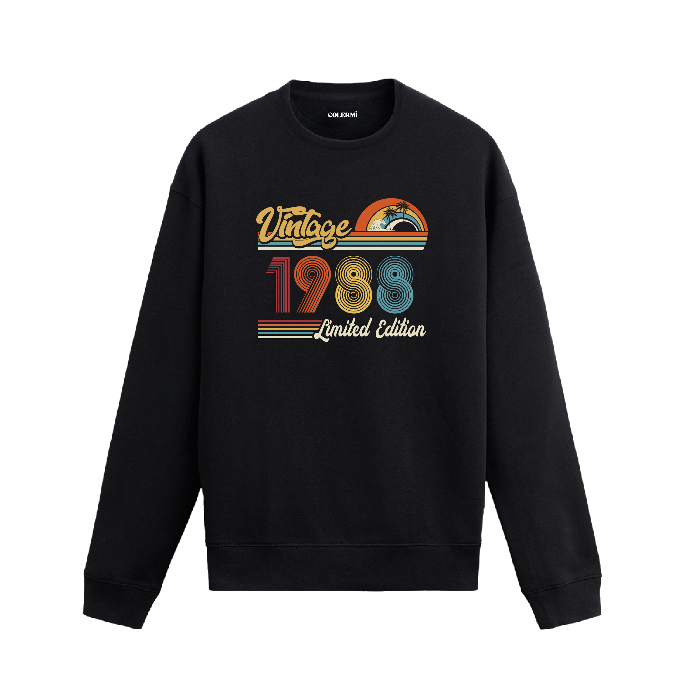 1988 Vintage sweatshirt, retro baskılı siyah sweatshirt
