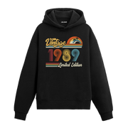 1989 doğum tarihli retro baskılı siyah vintage hoodie