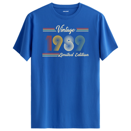 1989 yazılı klasik vintage retro tasarımlı mavi tişört