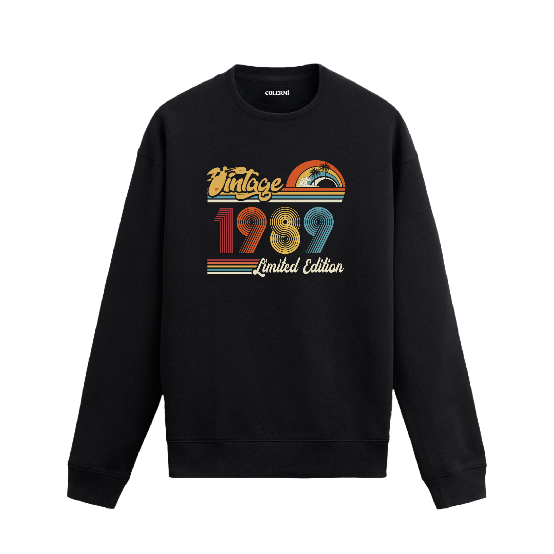 1989 Vintage sweatshirt, retro baskılı siyah sweatshirt
