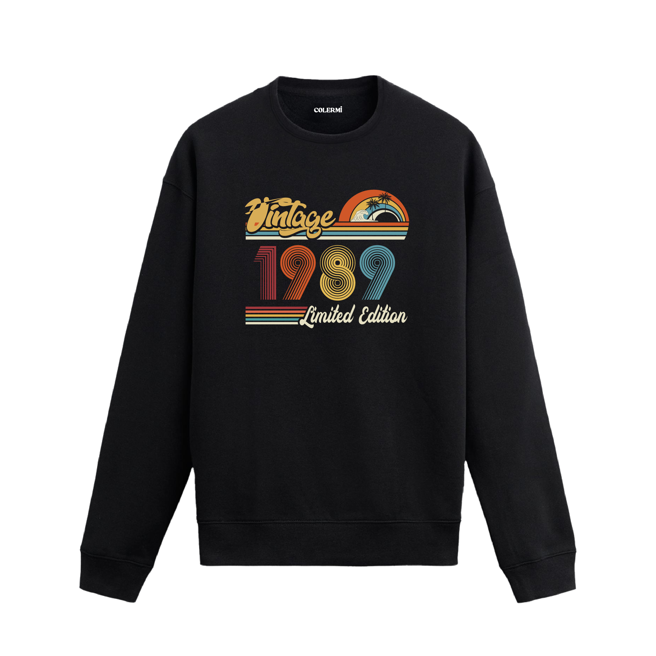 1989 Vintage sweatshirt, retro baskılı siyah sweatshirt
