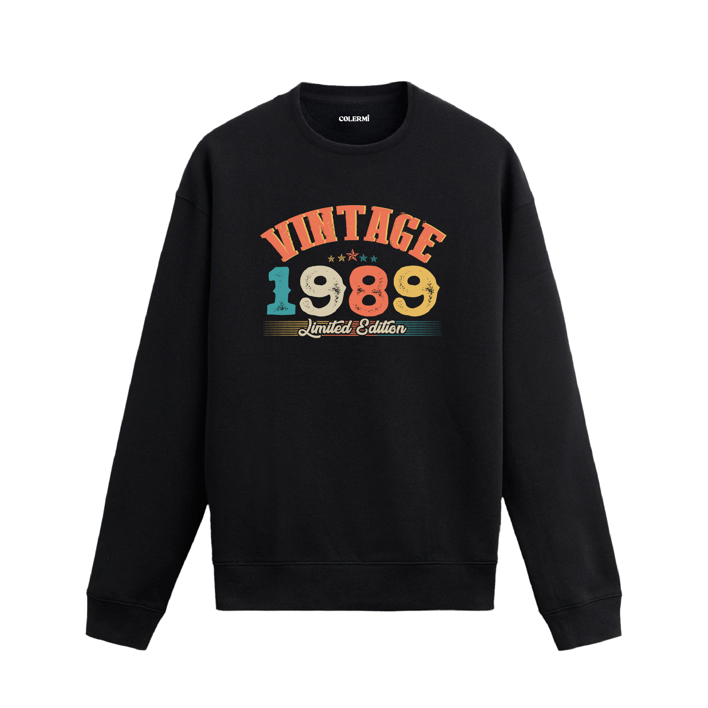 1989 yılına özel siyah Vintage Sweatshirt Echo, retro yıl baskılı sweatshirt modeli.