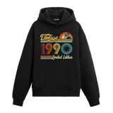 1990 doğum tarihli retro baskılı siyah vintage hoodie