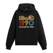 1990 doğum tarihli retro baskılı siyah vintage hoodie