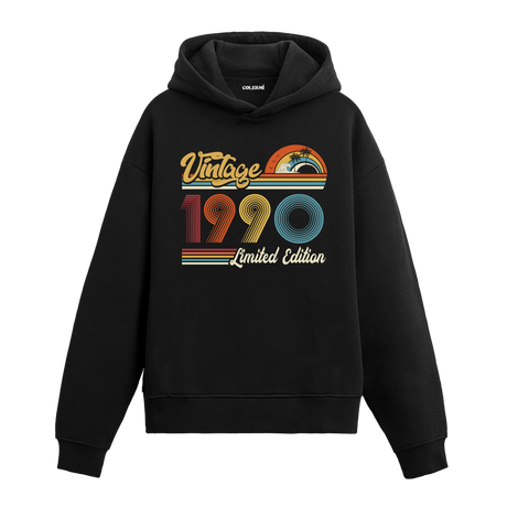 1990 doğum tarihli retro baskılı siyah vintage hoodie