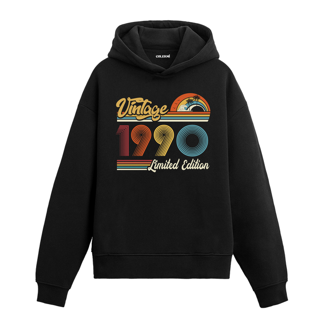 1990 doğum tarihli retro baskılı siyah vintage hoodie