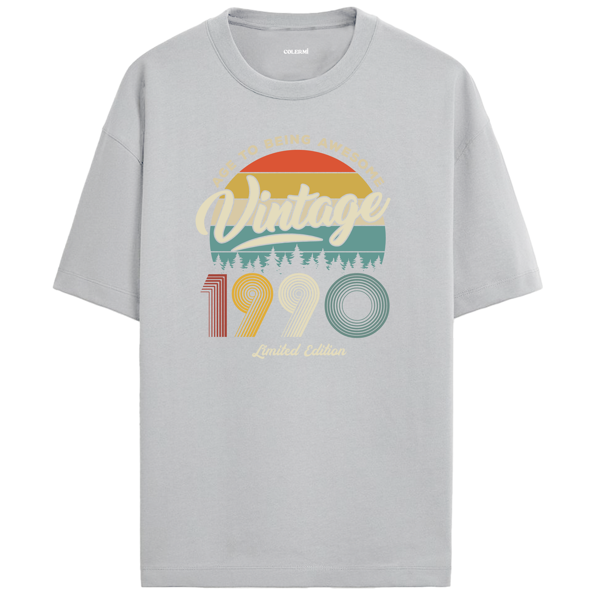 1990 nostalji vintage gri oversize tişört, retro gün batımı tasarımıyla şık ve rahat bir tercih oluşturur.
