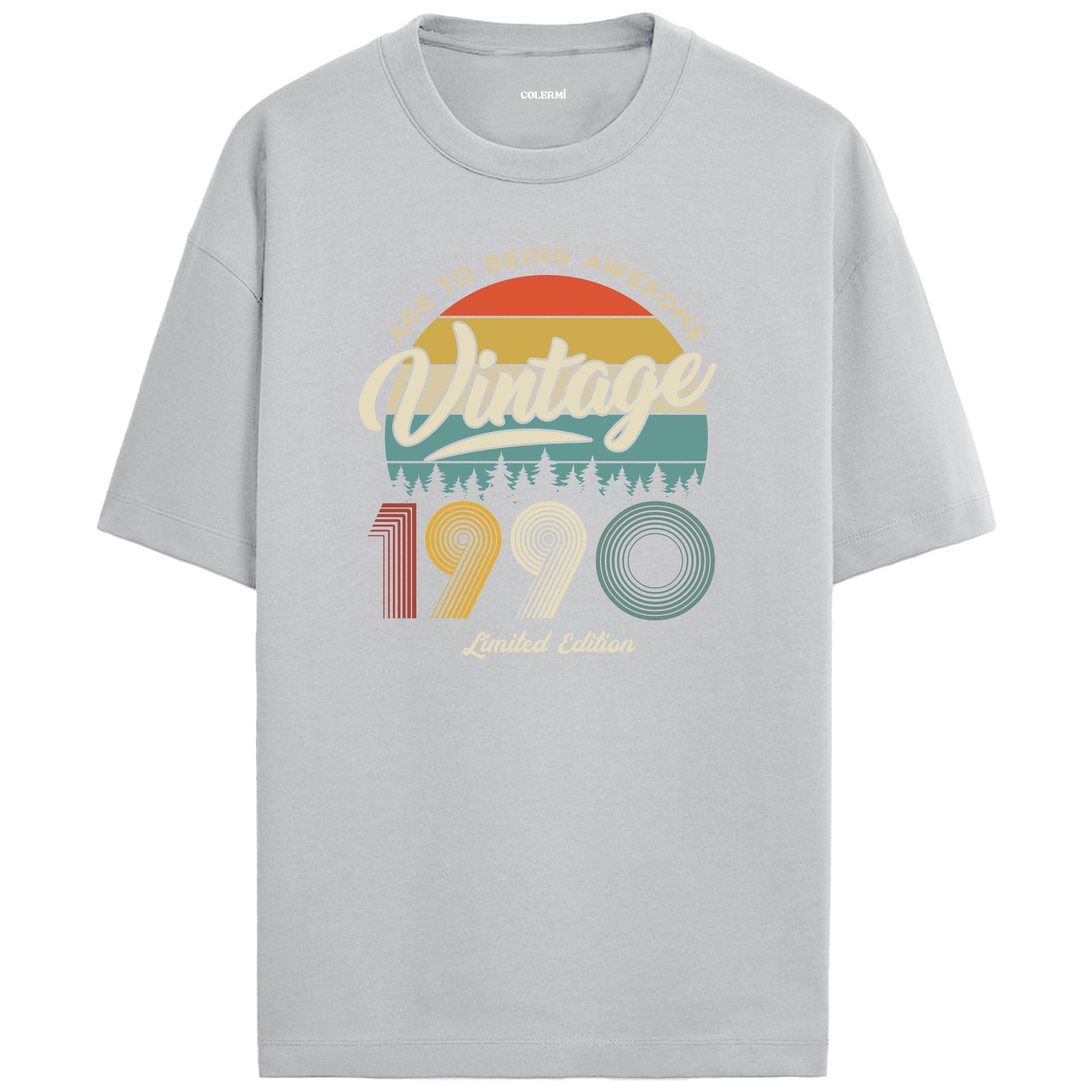 1990 nostalji vintage gri oversize tişört, retro gün batımı tasarımıyla şık ve rahat bir tercih oluşturur.