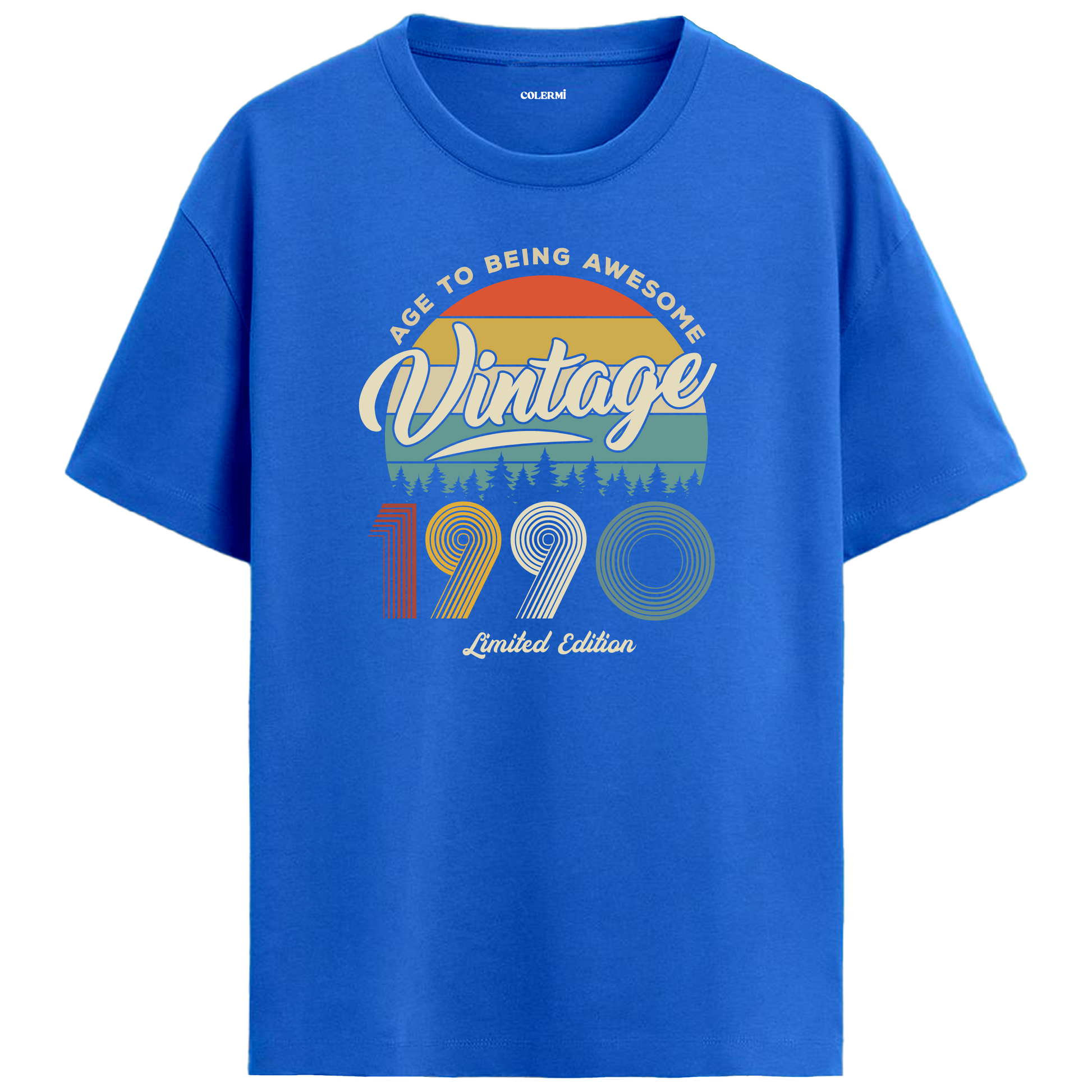 1990 nostalji vintage mavi oversize tişört, retro figürleriyle stil sahibi bir görünüm kazandırır.