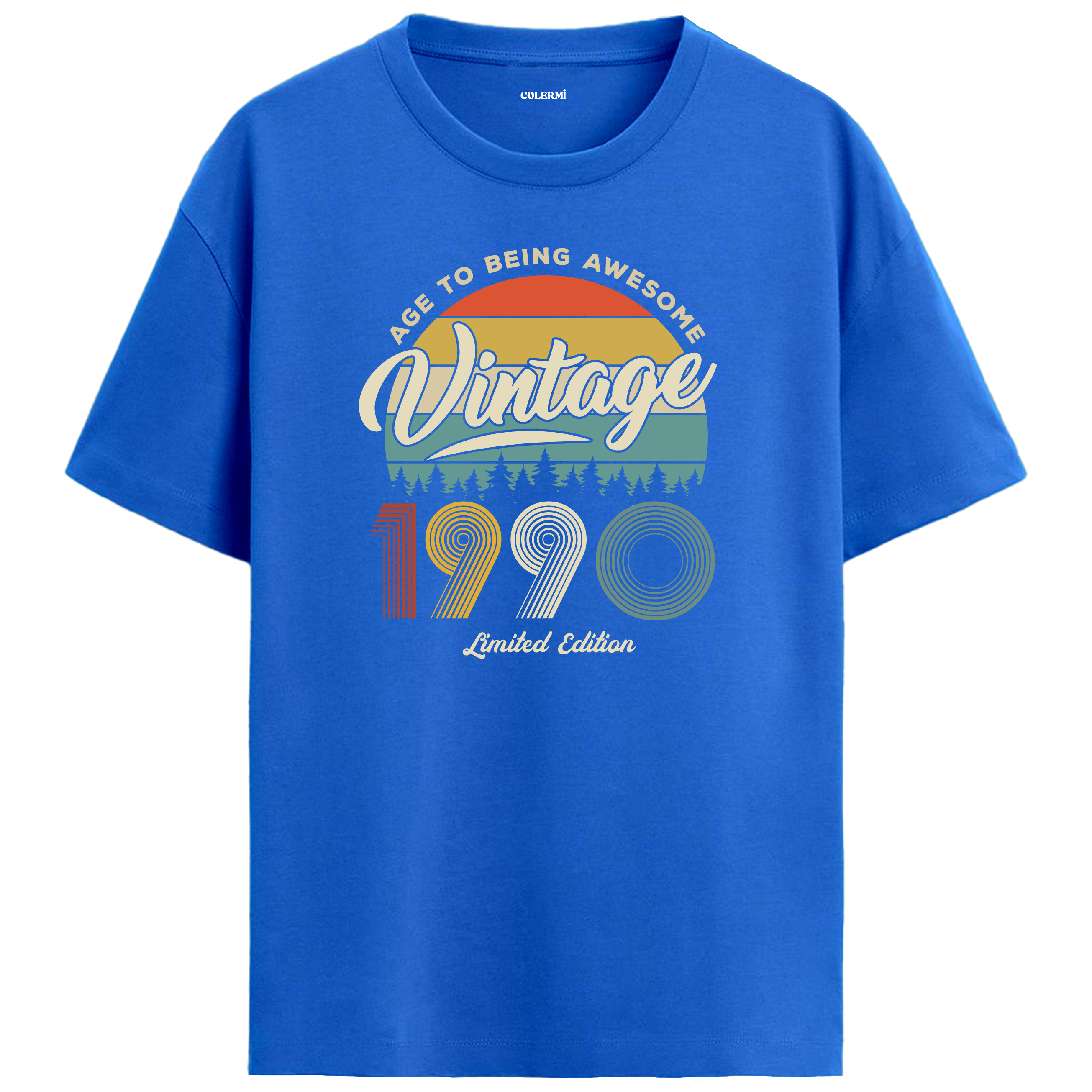 1990 nostalji vintage mavi oversize tişört, retro figürleriyle stil sahibi bir görünüm kazandırır.