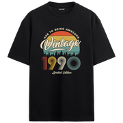 1990 nostalji vintage siyah oversize tişört, retro gün batımı ve orman tasarımıyla konforlu bir seçimdir.