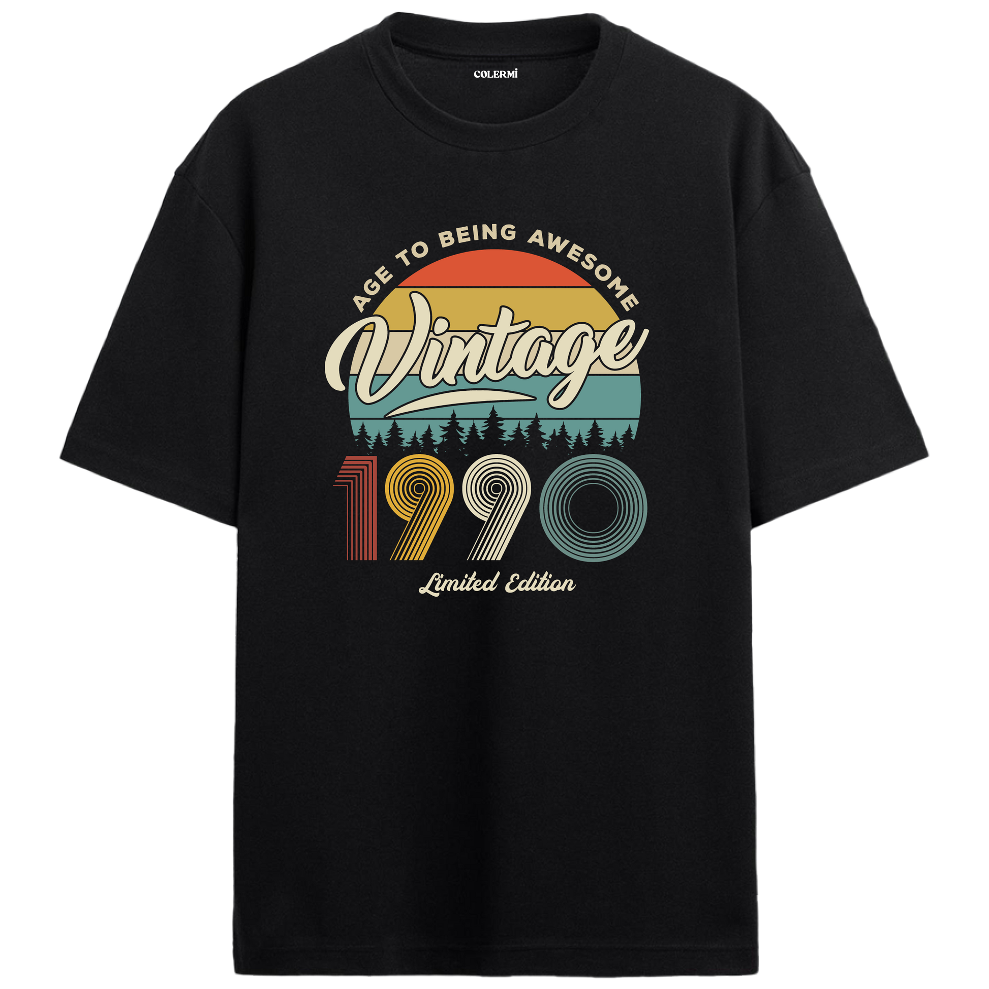 1990 nostalji vintage siyah oversize tişört, retro gün batımı ve orman tasarımıyla konforlu bir seçimdir.