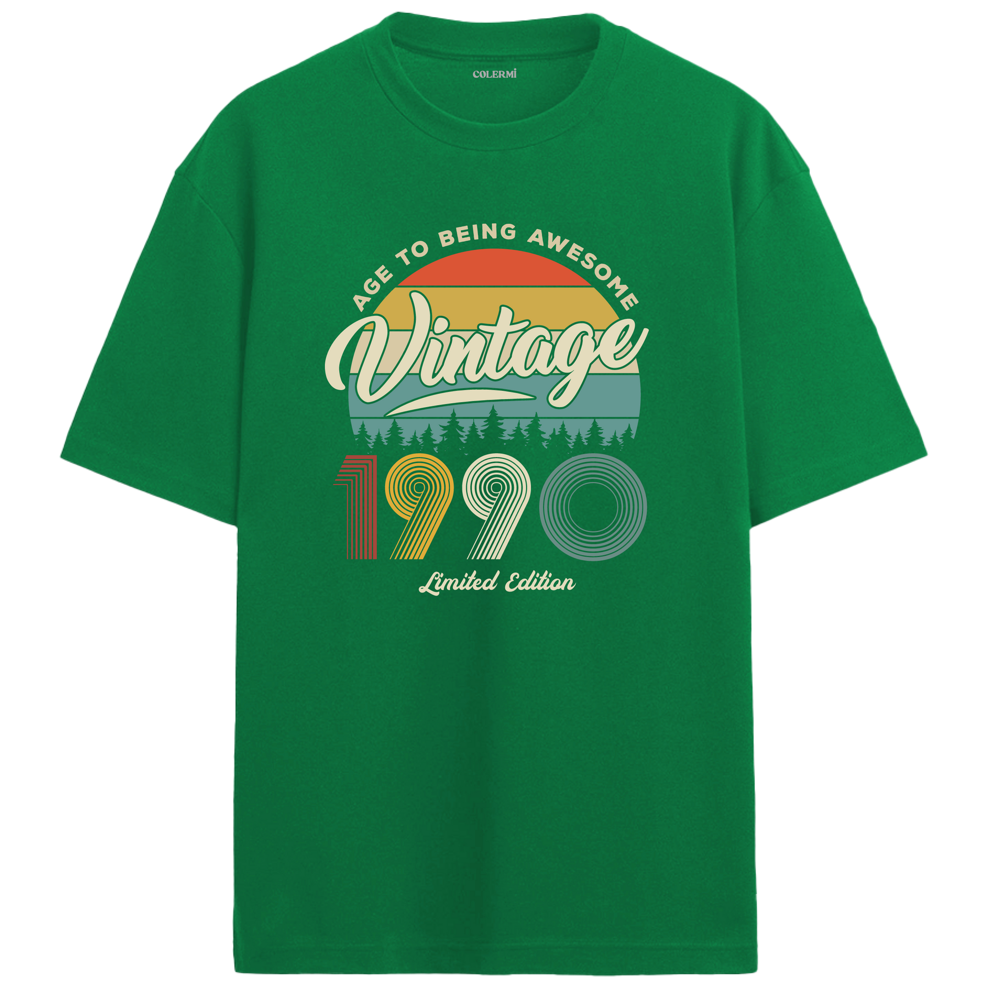1990 nostalji vintage yeşil oversize tişört, retro tasarımıyla günlük kullanımda özgün bir tarz oluşturur.