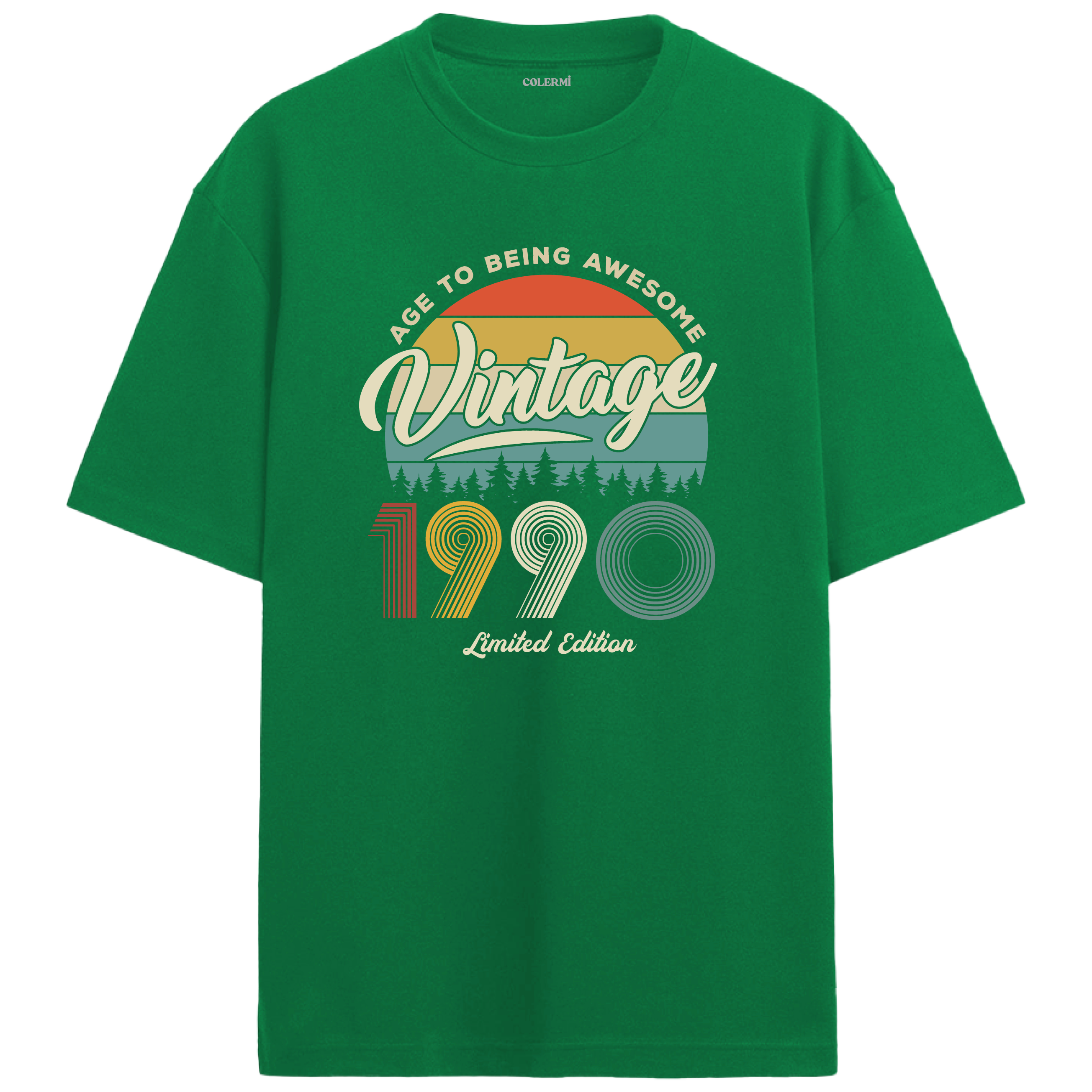 1990 nostalji vintage yeşil oversize tişört, retro tasarımıyla günlük kullanımda özgün bir tarz oluşturur.