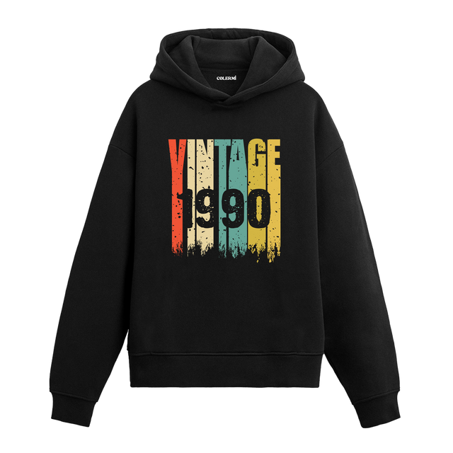 1990 doğumlu kişiler için tasarlanmış siyah Vintage Era hoodie