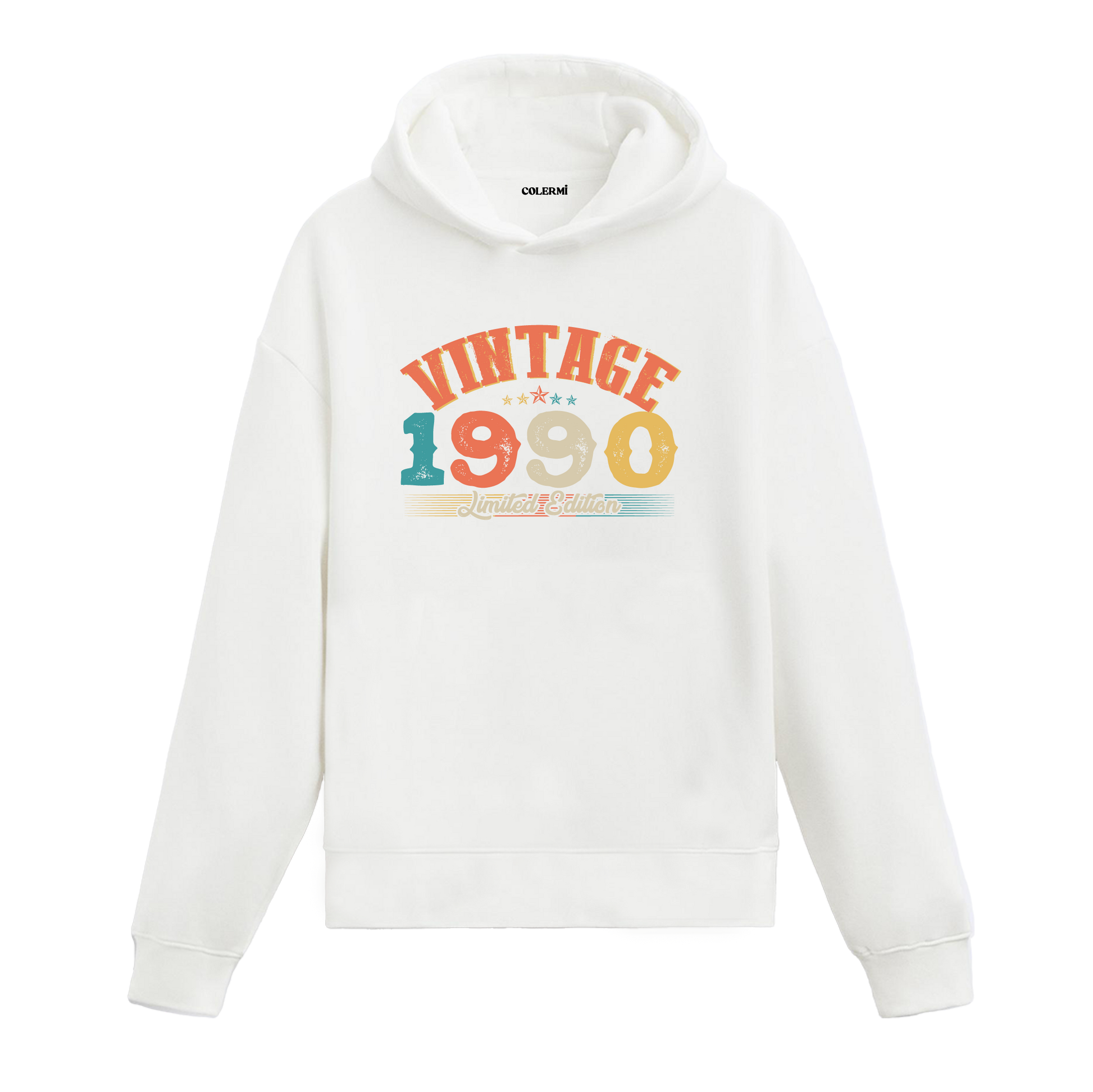 1990 yılına özel tasarlanmış beyaz Vintage Hoodie Echo, retro yazı ve yıl baskılı modern hoodie modeli.