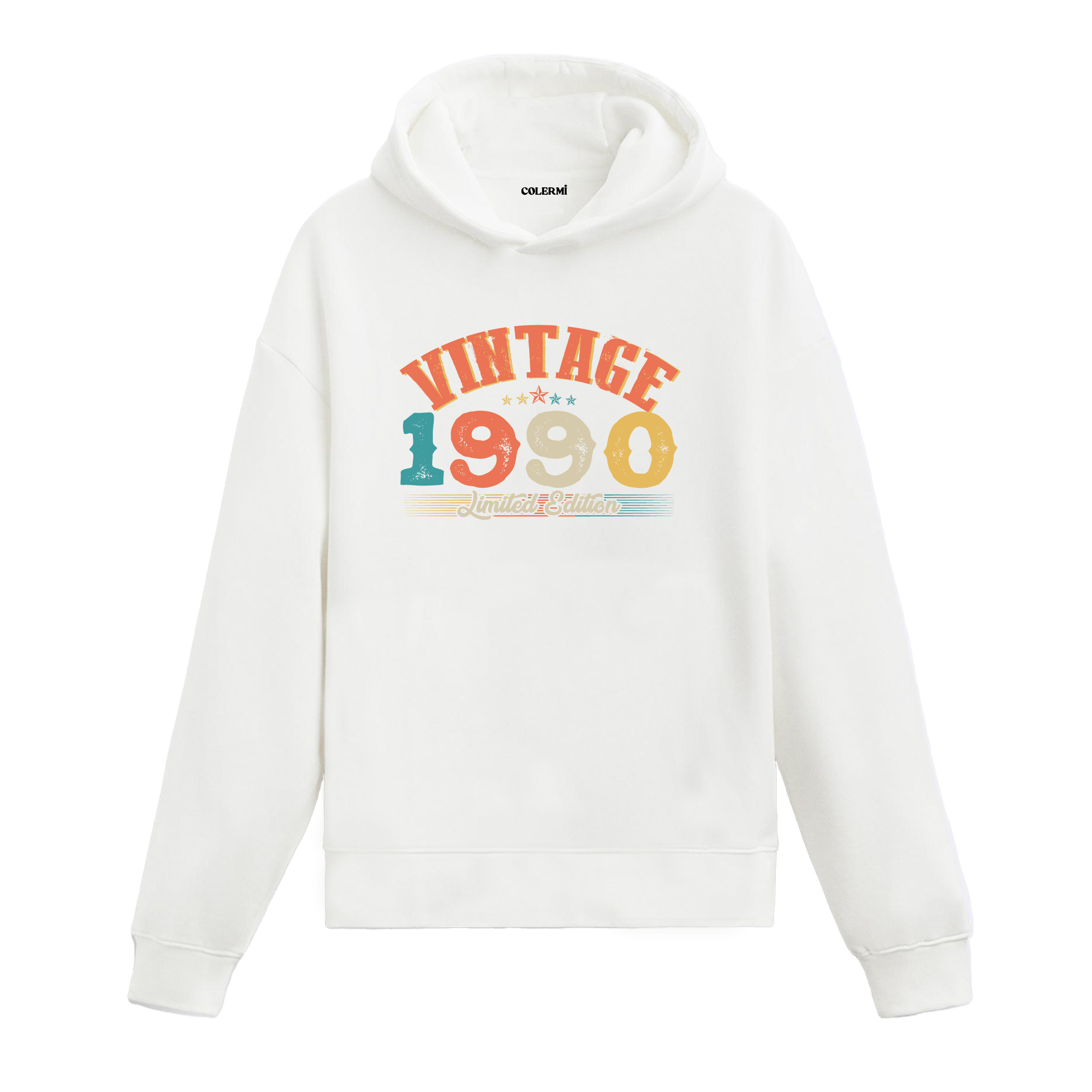 1990 yılına özel tasarlanmış beyaz Vintage Hoodie Echo, retro yazı ve yıl baskılı modern hoodie modeli.