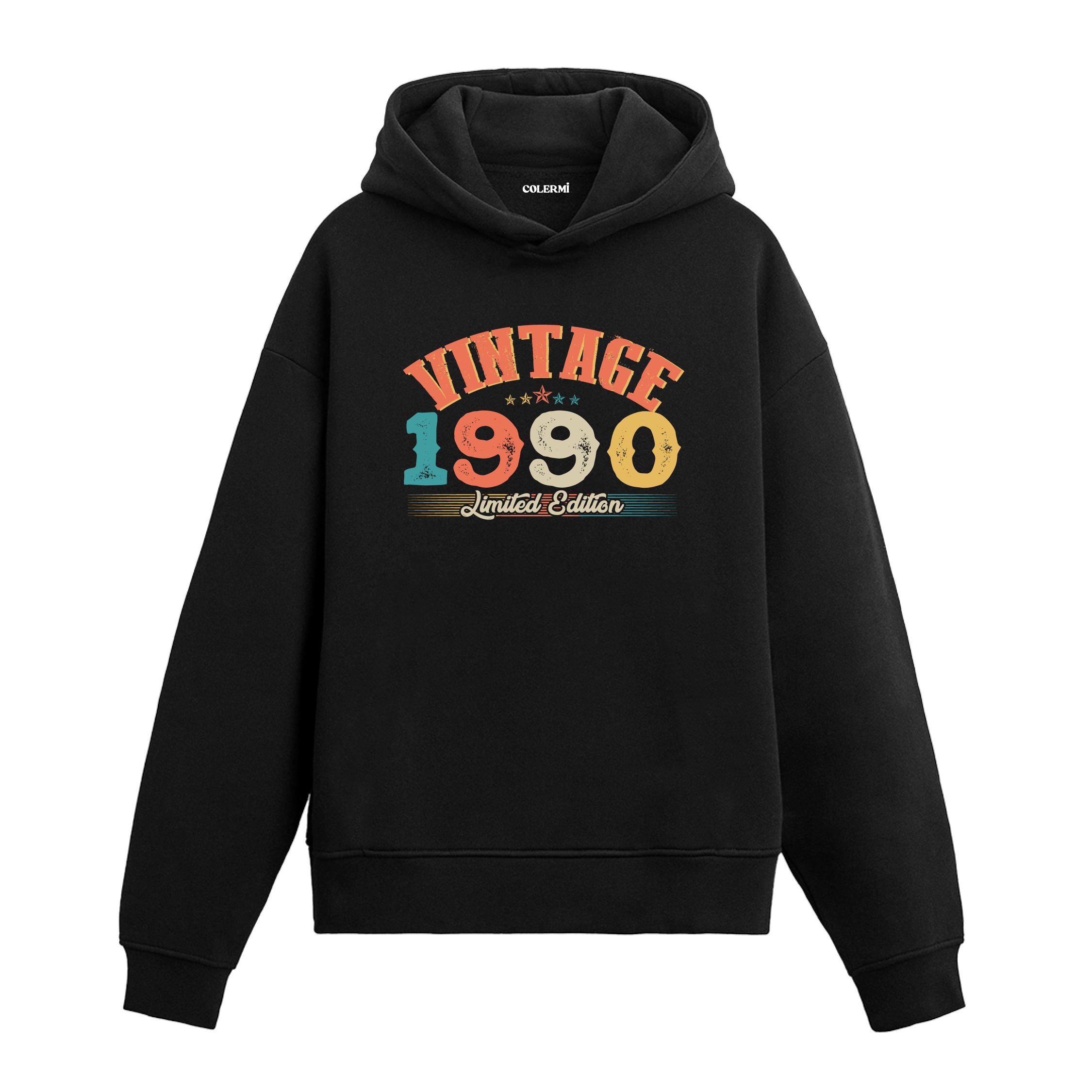 1990 yılına özel tasarlanmış siyah Vintage Hoodie Echo, retro yazı ve yıl baskılı modern hoodie modeli.