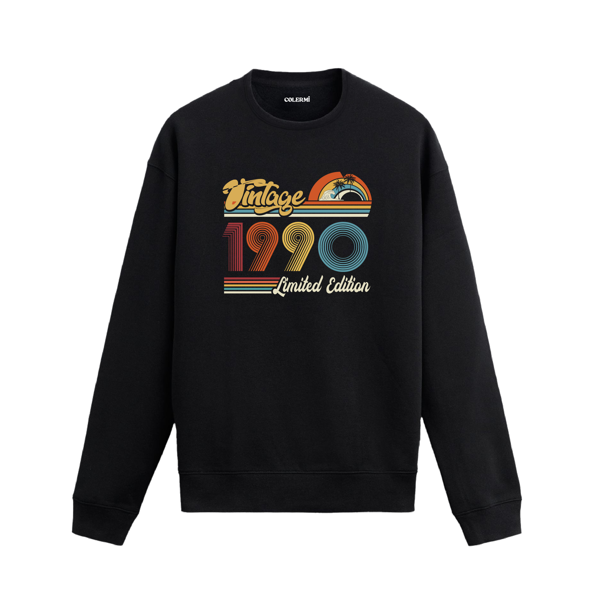 1990 Vintage sweatshirt, retro baskılı siyah sweatshirt
