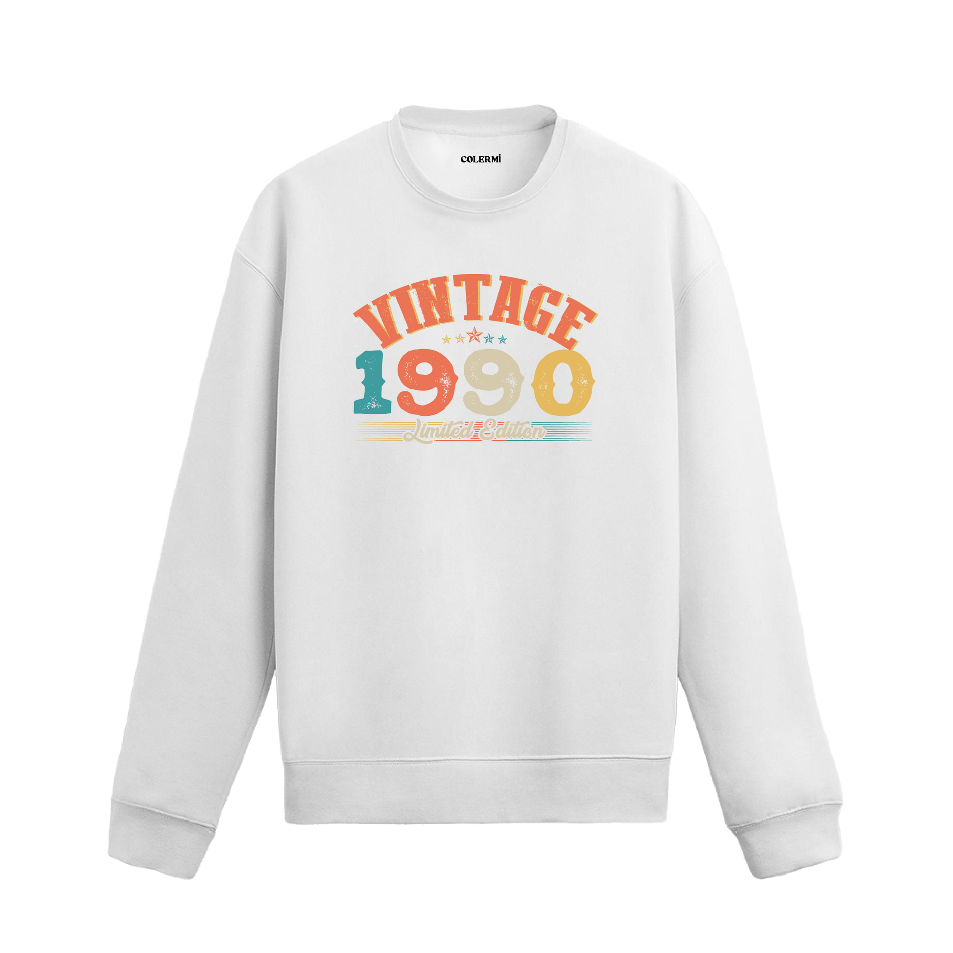 1990 yılına özel beyaz Vintage Sweatshirt Echo, retro yıl baskılı sweatshirt modeli.