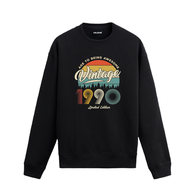 1990 yılı baskılı siyah retro vintage sweatshirt