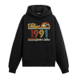 1991 doğum tarihli retro baskılı siyah vintage hoodie
