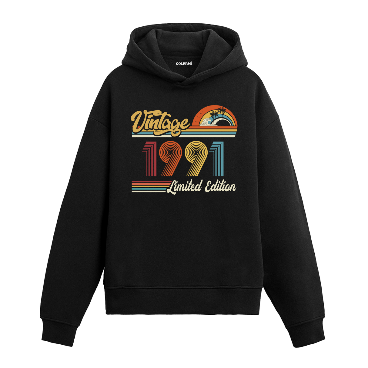 1991 doğum tarihli retro baskılı siyah vintage hoodie