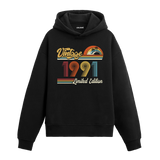 1991 doğum tarihli retro baskılı siyah vintage hoodie