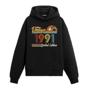 1991 doğum tarihli retro baskılı siyah vintage hoodie