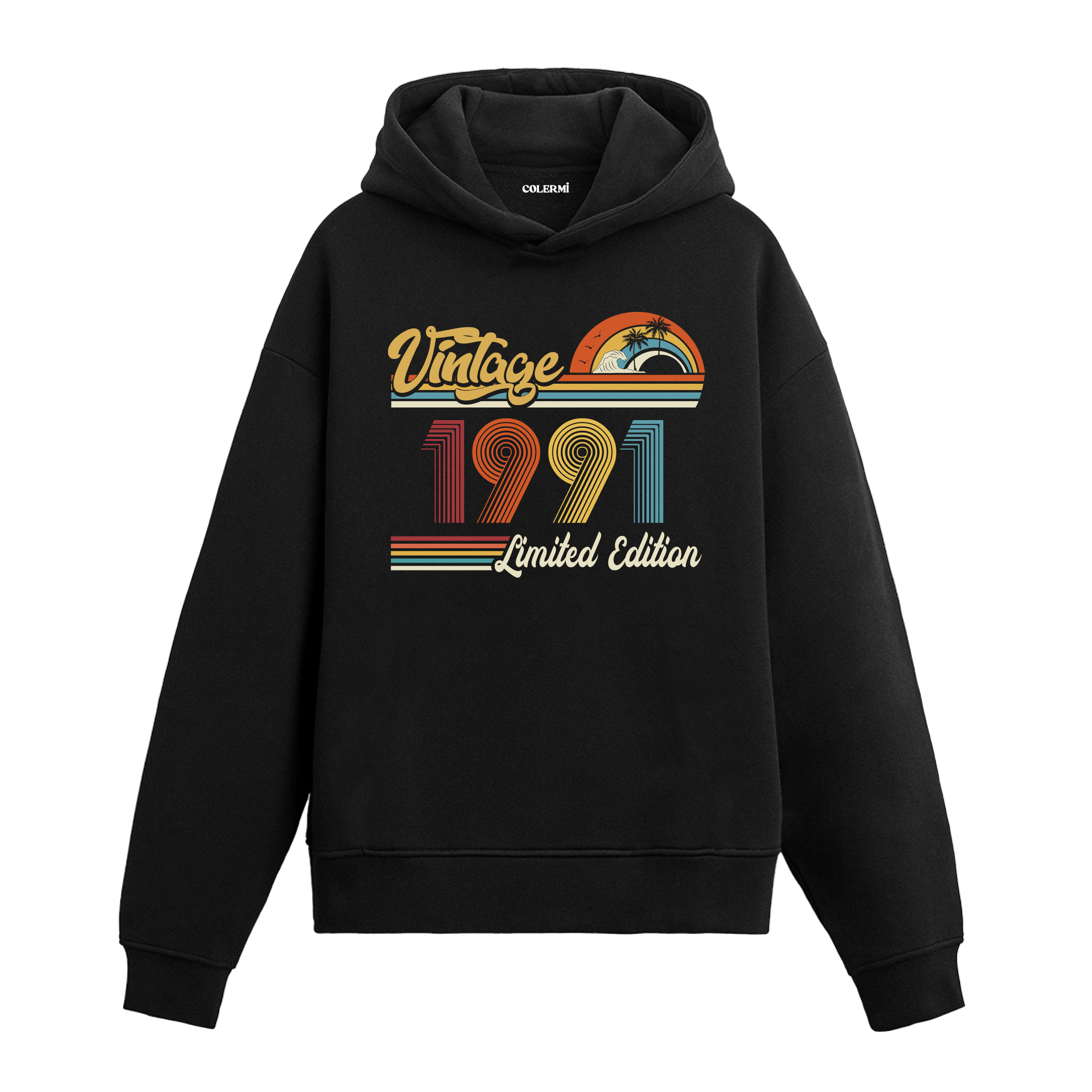 1991 doğum tarihli retro baskılı siyah vintage hoodie
