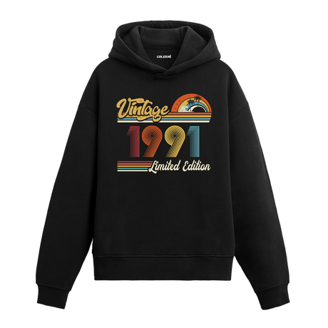 1991 doğum tarihli retro baskılı siyah vintage hoodie