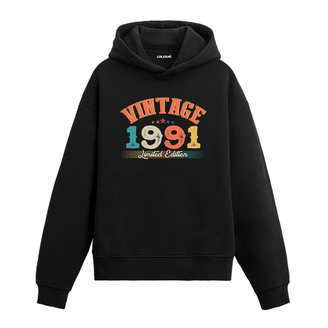 1991 yılına özel tasarlanmış siyah Vintage Hoodie Echo, retro yazı ve yıl baskılı modern hoodie modeli.