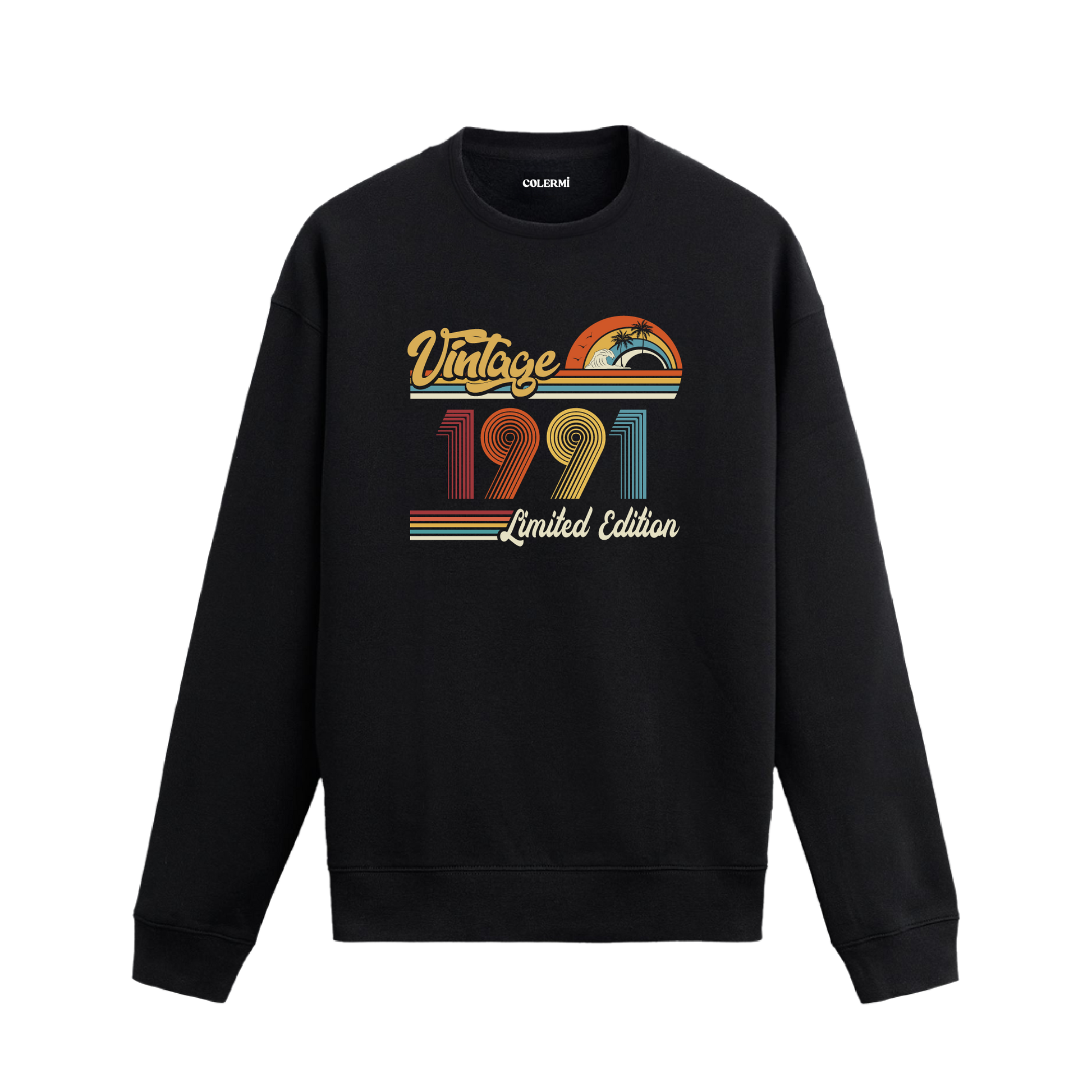 1991 Vintage sweatshirt, retro baskılı siyah sweatshirt