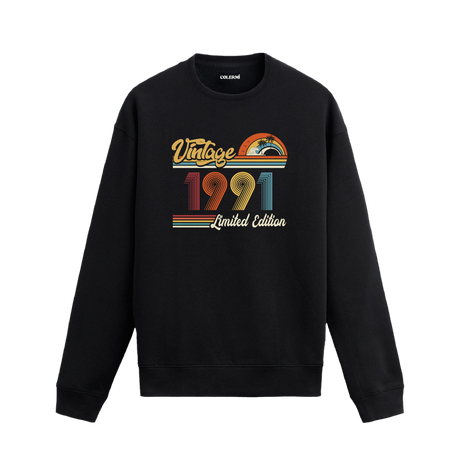 1991 Vintage sweatshirt, retro baskılı siyah sweatshirt