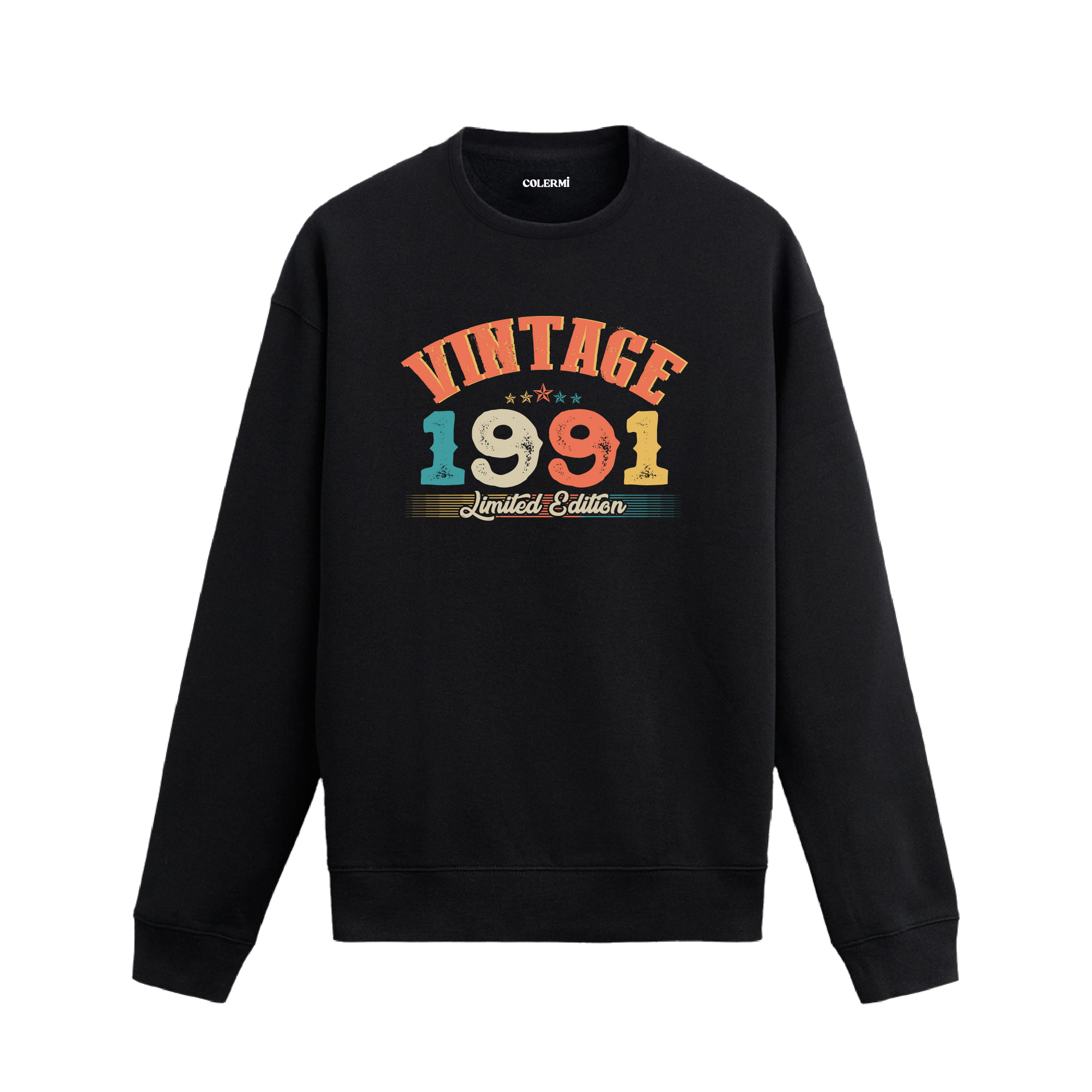 1991 yılına özel siyah Vintage Sweatshirt Echo, retro yıl baskılı sweatshirt modeli.