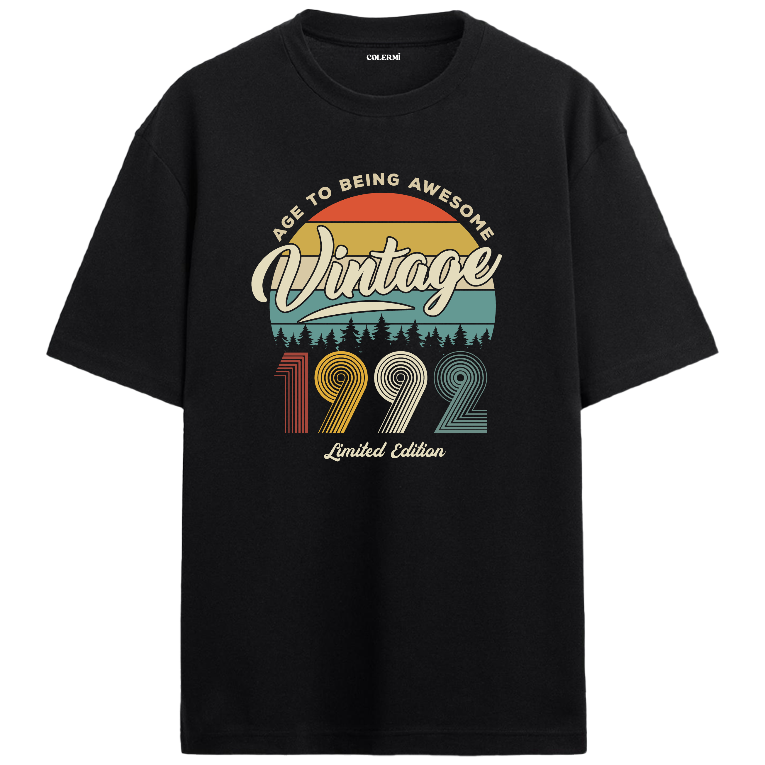 1992 nostalji vintage siyah oversize tişört, retro gün batımı tasarımıyla şık ve rahat bir seçim.