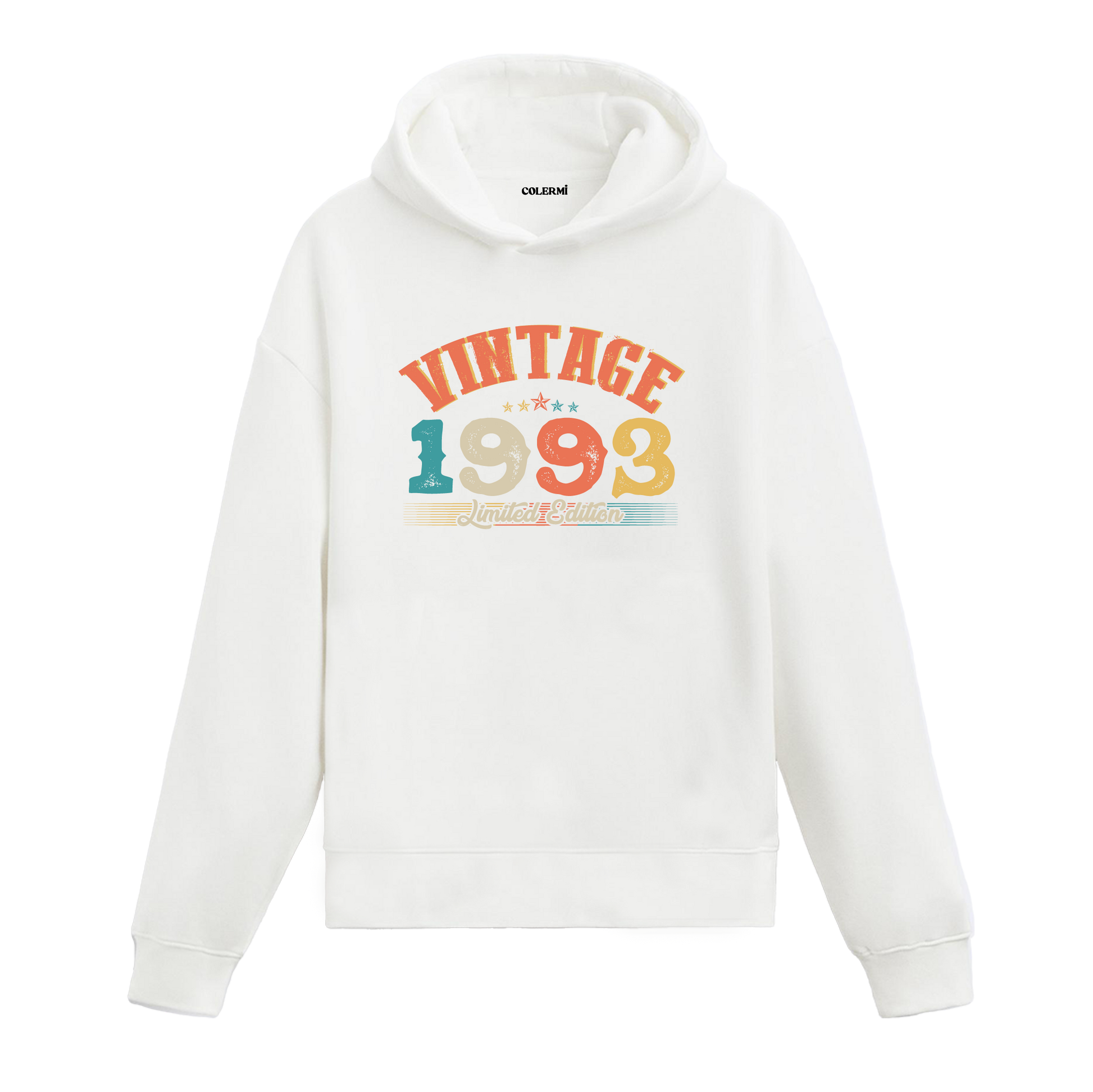 1993 yılına özel tasarlanmış beyaz Vintage Hoodie Echo, retro yazı ve yıl baskılı modern hoodie modeli.